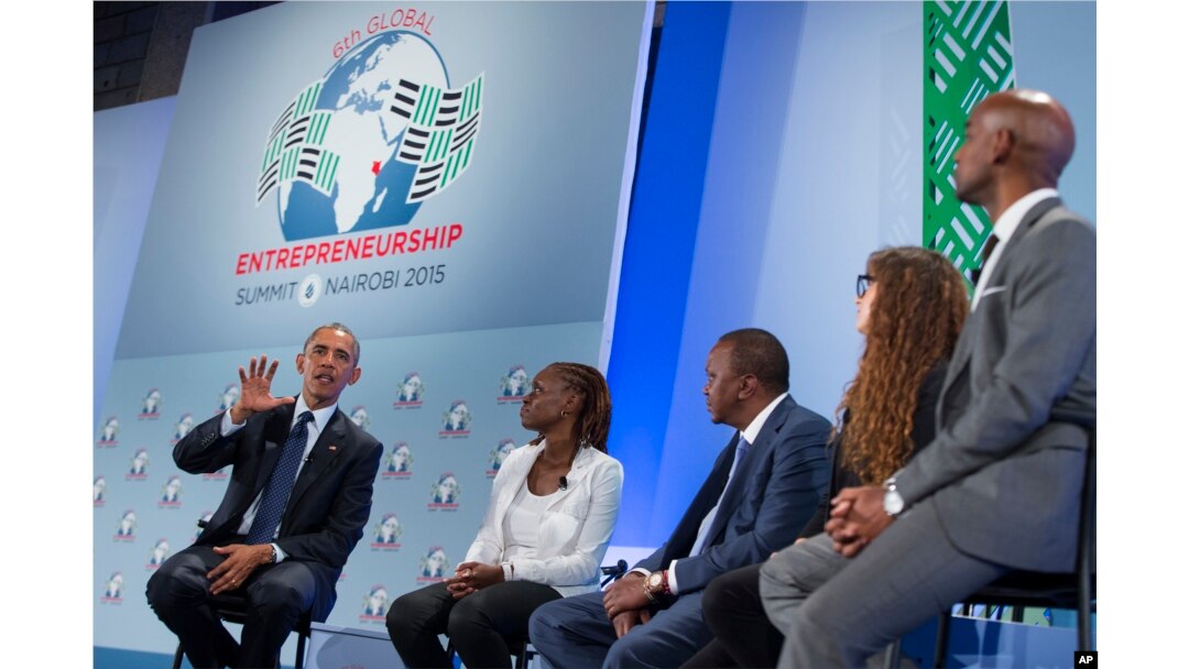 FILE - Then-President Barack Obama, left, takes part in a panel discussion at the Global Entrepreneurship Summit at the United Nations Compound, July 25, 2015, in Nairobi.