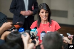 FILE - U.S. Ambassador to the United Nations Nikki Haley speaks to reporters at U.N. headquarters after a Security Council vote on a new sanctions resolution that would increase economic pressure on North Korea to return to negotiations on its missile program, Aug. 5, 2017.
