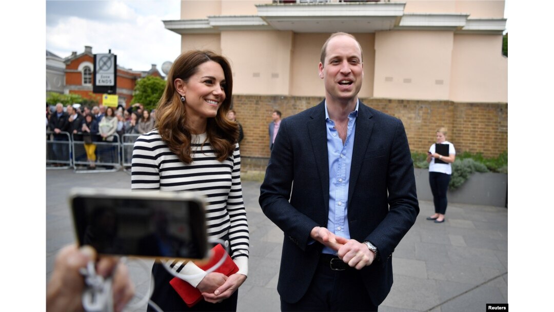 Britain's Prince William and Catherine Duchess of Cambridge talk to members of the media about their newborn nephew, as they arrive to launch the King's Cup Regatta in London, Britain, May 7, 2019.