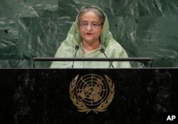FILE - Bangladesh's Prime Minister Sheikh Hasina addresses the 73rd session of the United Nations General Assembly at the United Nations headquarters, Sept. 27, 2018.