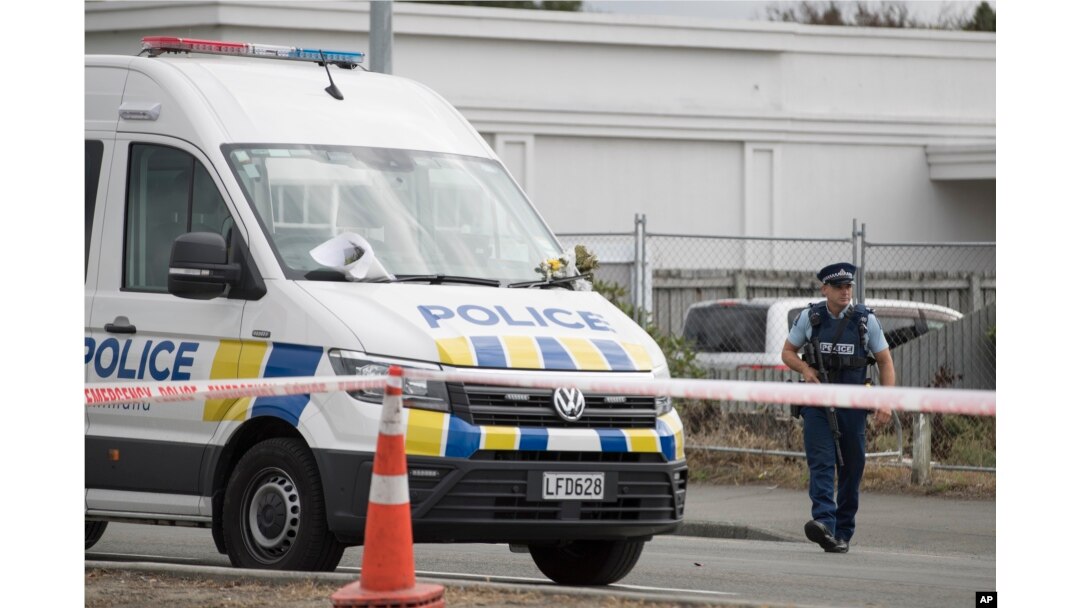 A police officer stands guard outside the Linwood mosque in Christchurch, New Zealand, March 19, 2019.