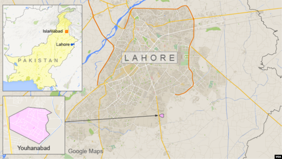 Map of Lahore, Pakistan, showing the suburb of Youhanabad