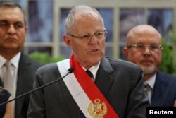 FILE - Peru's President Pedro Pablo Kuczynski speaks during a swearing-in ceremony at the Government Palace in Lima, Peru, Jan. 9, 2018.