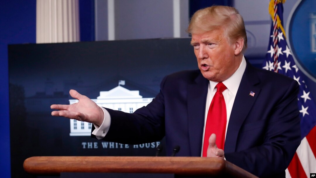 President Donald Trump speaks about the coronavirus in the James Brady Press Briefing Room of the White House, April 8, 2020.