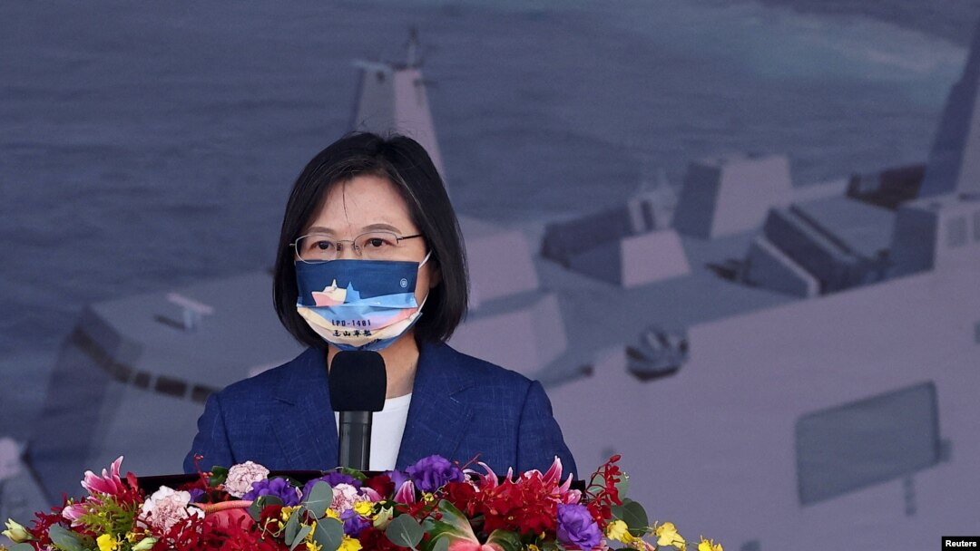 Taiwan President Tsai Ing-wen makes a speech at a delivery ceremony for the Navy's Yushan amphibious landing dock in Kaohsiung