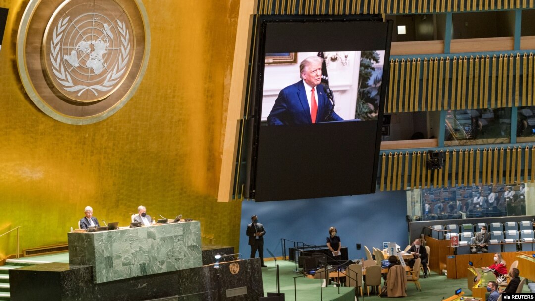 President Trump speaks during the 75th annual U.N. General Assembly, which is being held mostly virtually due to the COVID-19 pandemic in New York, Sept. 22, 2020.