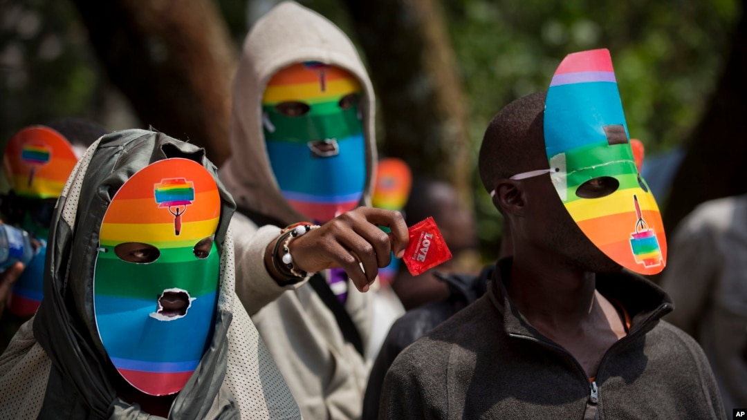 Kenya gay and lesbian activists conceal their identity at a demonstration at Uganda High Commission in Nairobi on February 10 to protest a wave of laws against homosexuality in African countries. 