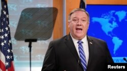 U.S. Secretary of State Mike Pompeo speaks during a media briefing at the State Department in Washington, May 6, 2020.