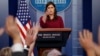White House press secretary Sarah Huckabee Sanders speaks during the daily press briefing at the White House, April 10, 2018, in Washington. 