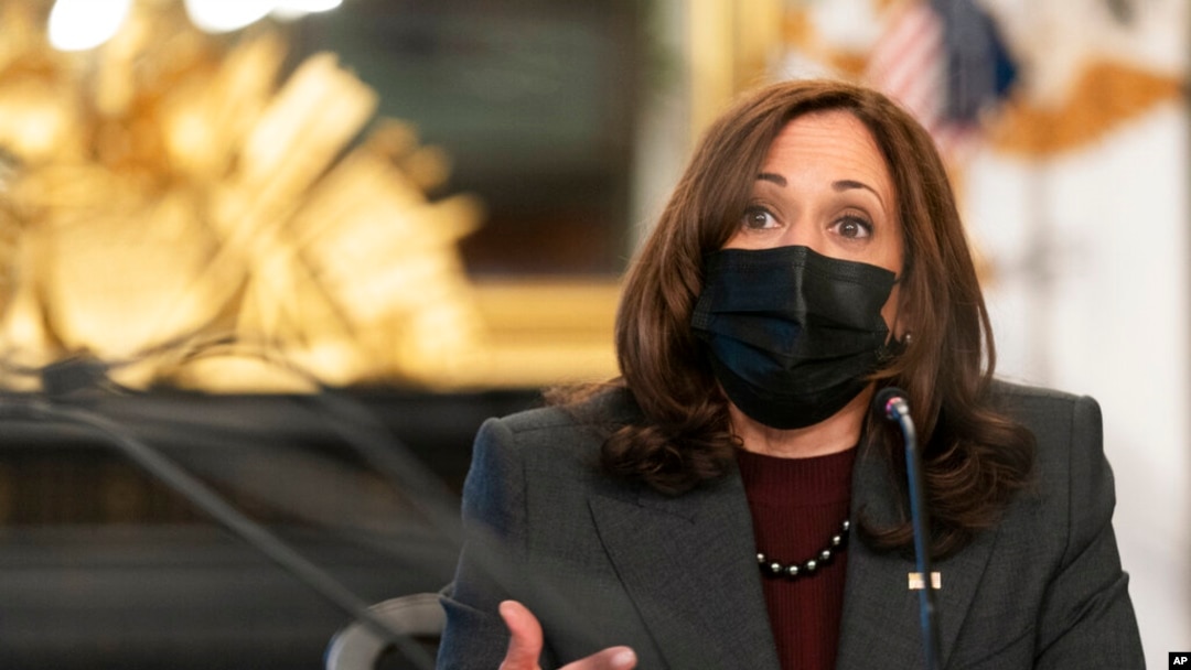 Vice President Kamala Harris speaks to CEOs at the Eisenhower Executive Office Building on the White House complex, in Washington, Dec. 13, 2021. 