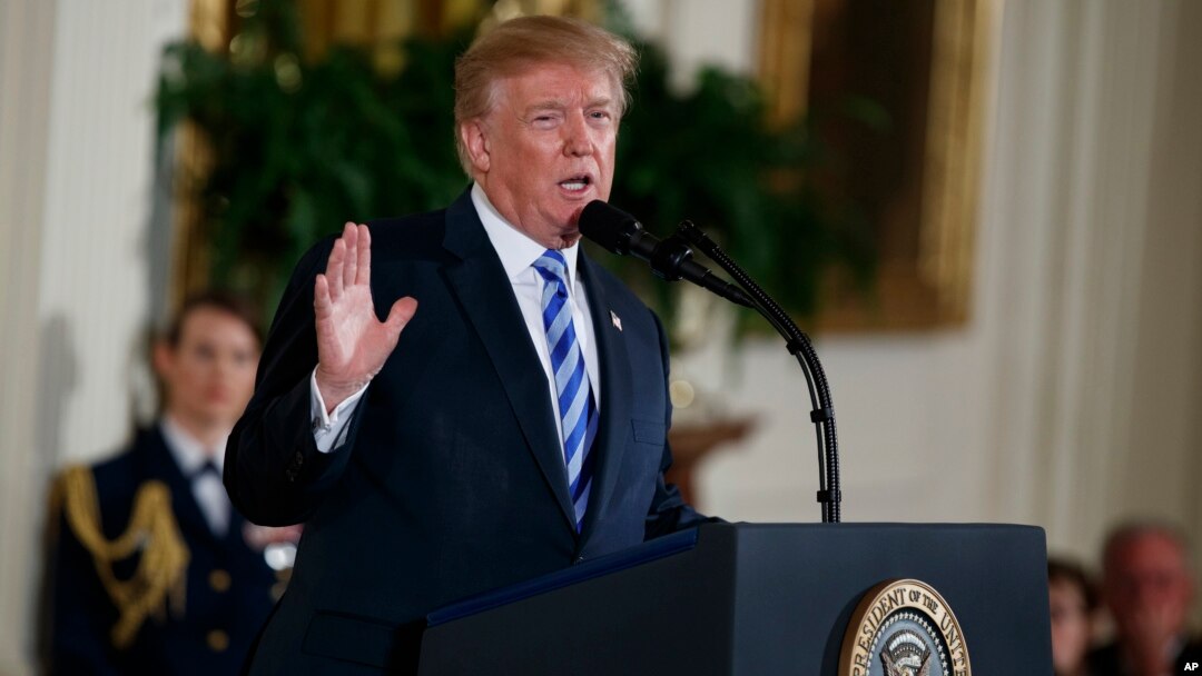 President Donald Trump speaks during the Public Safety Medal of Valor awards ceremony in the East Room of the White House, Feb. 20, 2018, in Washington.