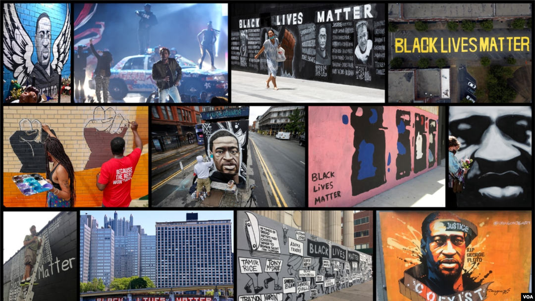 Here's a mash-up of some George Floyd images and Black Lives Matter symbols that have been painted around the world.