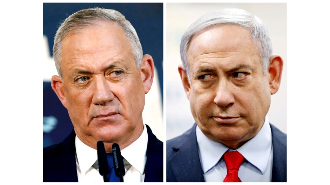 FILE - A combination picture shows Benny Gantz, leader of Blue and White party, in Tel Aviv, Israel, Nov. 23, 2019, and Israeli Prime Minister Benjamin Netanyahu in Kiryat Malachi, Israel, March 1, 2020.