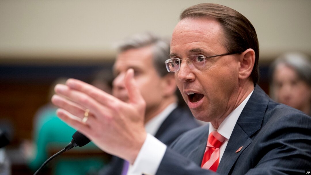 Deputy Attorney General Rod Rosenstein testifies before a House Judiciary Committee hearing on Capitol Hill in Washington, Thursday, June 28, 2018, on Justice Department and FBI actions around the 2016 presidential election. 