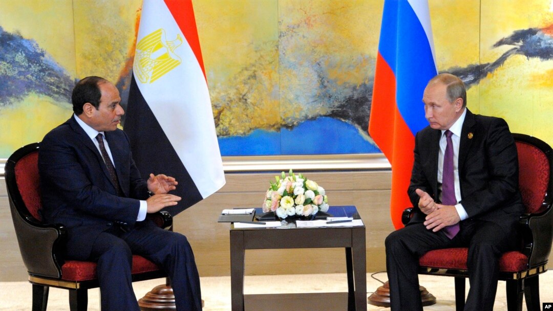 Russian President Vladimir Putin, right, and Egyptian President Abdel-Fattah el-Sissi hold a bilateral meeting on the sidelines of the BRICS Summit in Xiamen, Fujian province, China, Monday, Sept. 4, 2017.