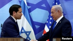 အမေရိကန် နိုင်ငံခြားရေးဝန်ကြီး Marco Rubio နဲ့ အစ္စရေး ဝန်ကြီးချုပ် Benjamin Netanyahu (Reuters/Evelyn Hockstein/Pool)