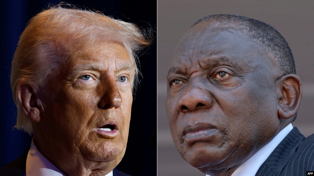 This combination of file photos shows U.S. President Donald Trump speaking in Washington on Feb. 6, 2025, and South African President Cyril Ramaphosa attending Mozambique President-elect Daniel Chapo's inauguration in Maputo on Jan. 15, 2025.