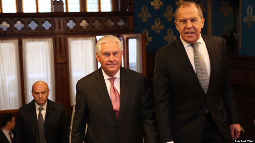 U.S. Secretary of State Rex Tillerson with Russian Foreign Minister Sergei Lavrov ahead of their bilateral meeting at the Osobnyak Guest House in Moscow, Russia, on April 12, 2017. 