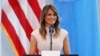 FILE - First lady Melania Trump speaks during a reception at the United States mission to the United Nations, Sept. 26, 2018, in New York.