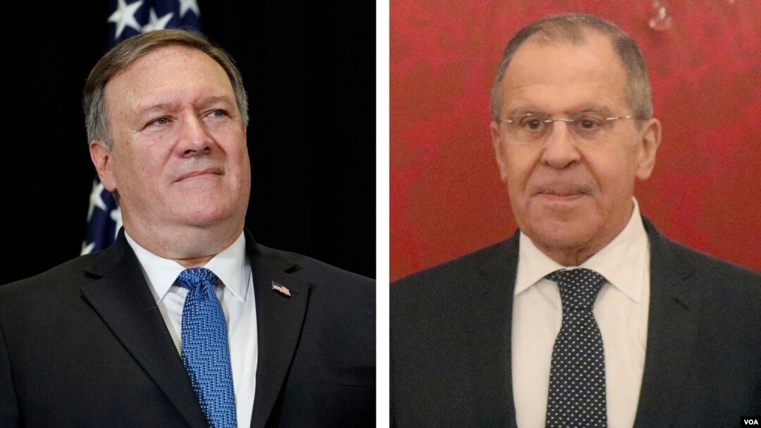 FILE - U.S. Secretary of State Mike Pompeo, left, and Russian Foreign Minister Sergey Lavrov are seen in these undated photos.