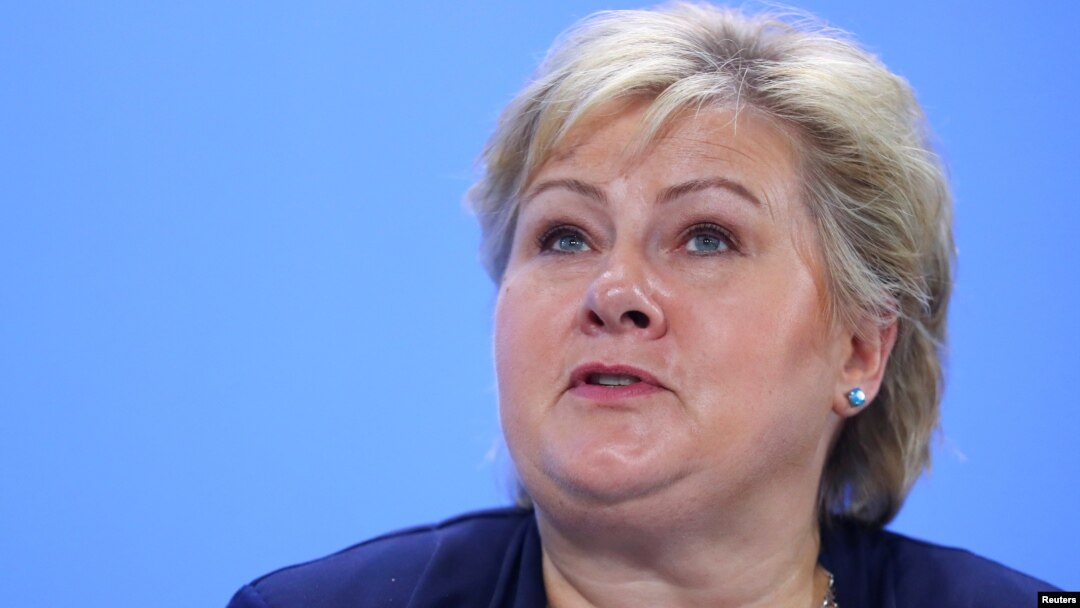 FILE - Norway’s Prime Minister Erna Solberg attends a press conference after a meeting at the Chancellery in Berlin, Germany, June 29, 2017. Solberg will be in Washington this week to meet with President Donald Trump.