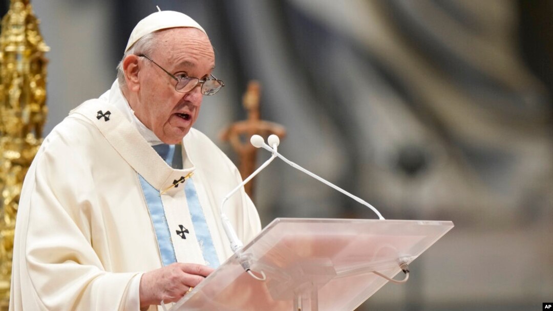 Pope Francis delivers his homily as he celebrates a Mass for the solemnity of St. Mary at the beginning of the new year, in St. Peter's Basilica, at the Vatican, Jan. 1, 2022.