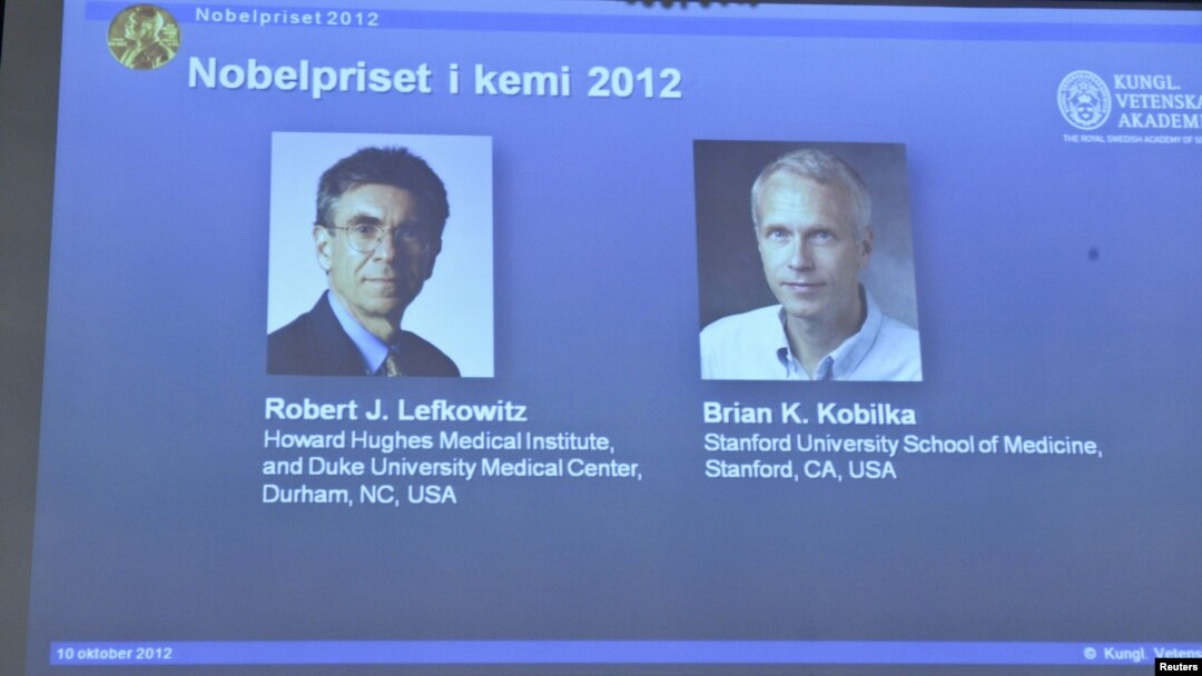 Images of researchers Robert Lefkowitz and Brian Kobilka (R) are seen on a projector during a news conference by the Royal Swedish Academy of Sciences in Stockholm, October 10, 2012. 