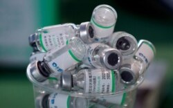 FILE - Empty vials of China's Sinopharm vaccine sit in a cup at a public hospital in Lima, Peru, Feb. 10, 2021.