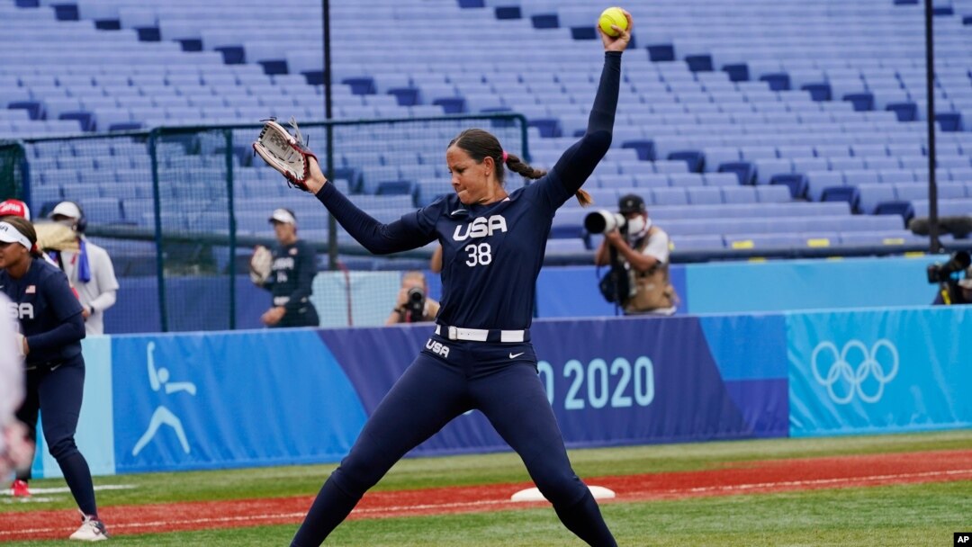 United States' Cat Osterman pitches in the sixth inning of a softball game against Japan at the 2020 Summer Olympics, July 26, 2021, in Yokohama, Japan.