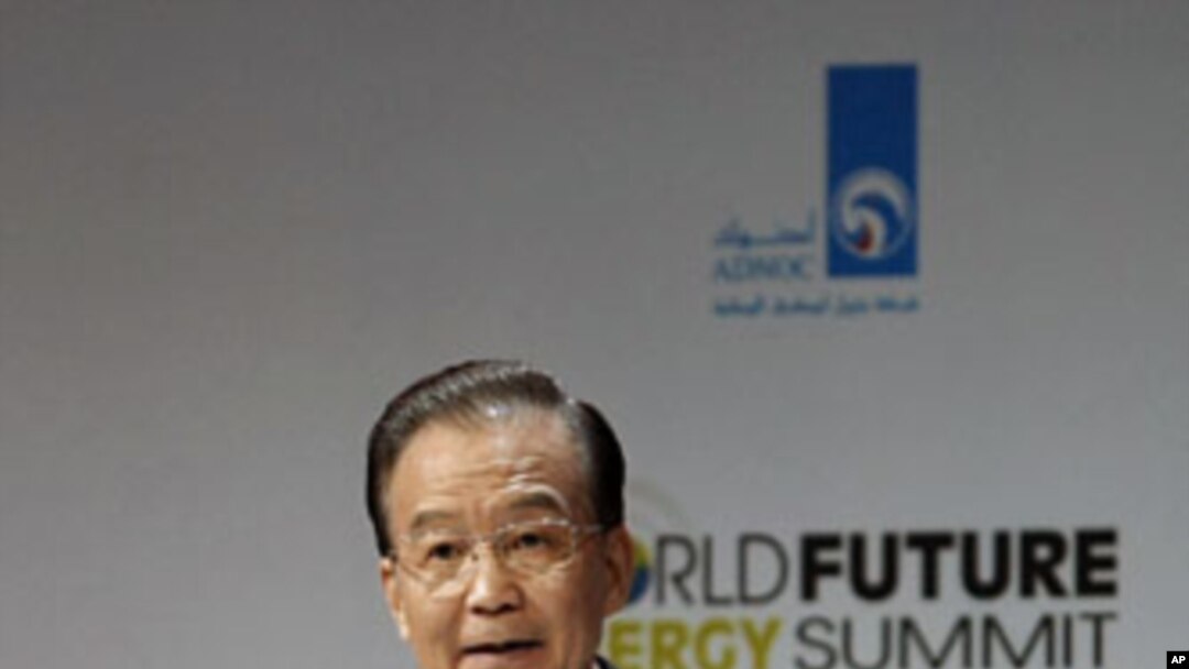 China's Premier Wen Jiabao speaks during the opening ceremony of the World Future Energy Summit at the Abu Dhabi National Exhibition Center, January 16, 2012