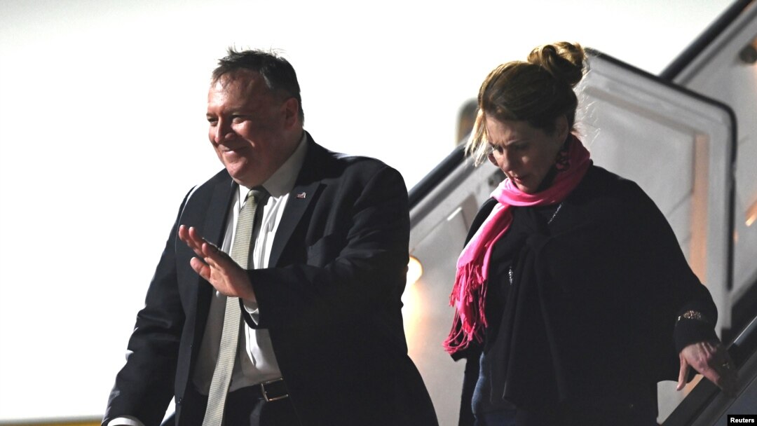 US Secretary of State Mike Pompeo and his wife Susan arrive at Munich International Airport, Germany, Feb. 13, 2020. 