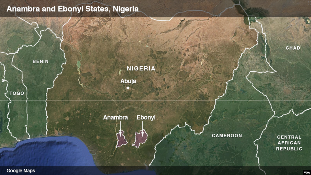 A map of Anambra and Ebonyl states in Nigeria. The attack took place in Anambra state.